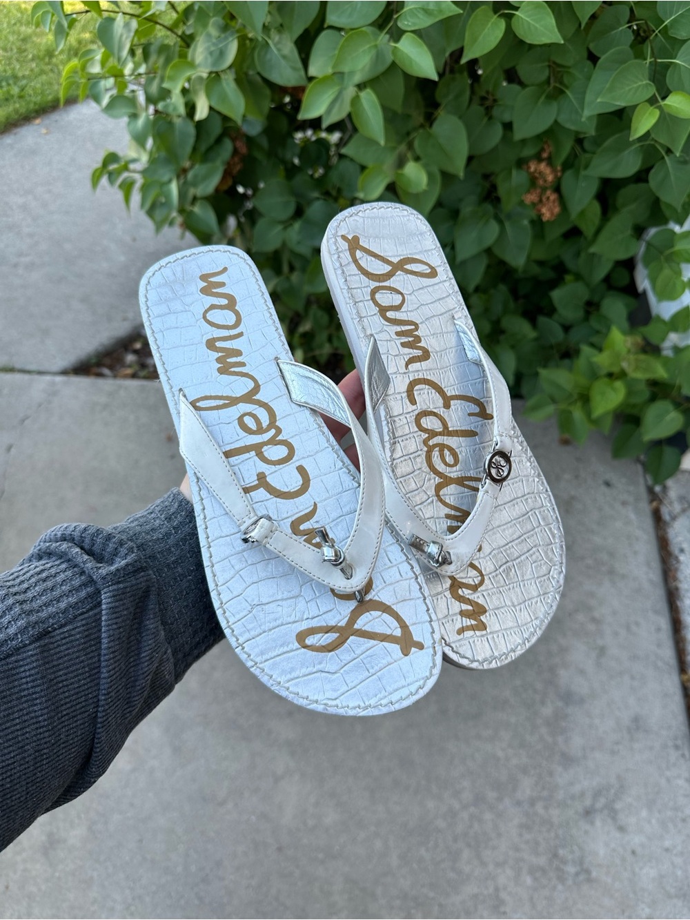 Sam Edelman White Croc-Embossed Thong Sandals with Metallic Logo